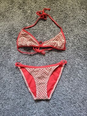 Red and Tan Mesh Bikini Set Size Small